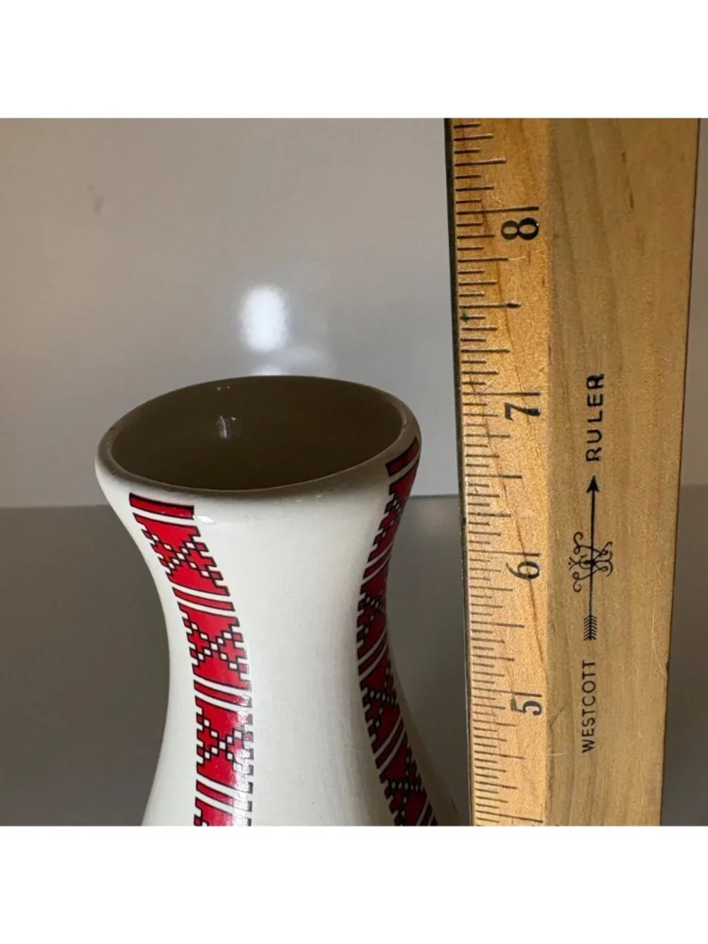 Ukrainian Ceramic Vase Red Embroidery Style Pattern 7 Inches Tall Made In Canada